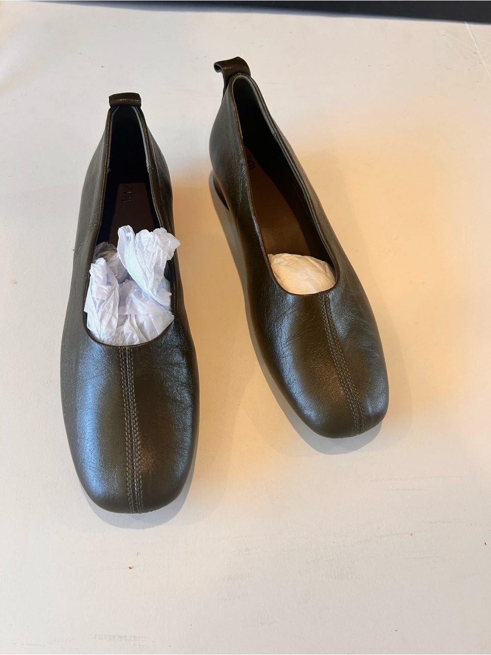 Zara Brown Green Square Toe Ballet Flats Minimalist Slip-On Shoes sz 39 8/ 8.5 - Picture 2 of 11